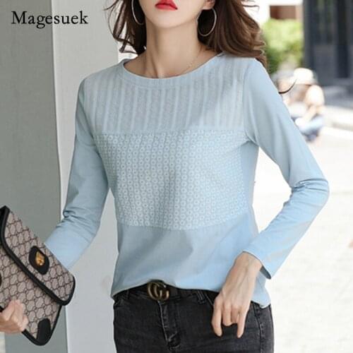 2020 Autumn Cotton T-shirt Women Slim Patchwork Office Lady Korean Clothes Embroidered Stitching Long Sleeve Shirt Women 10852