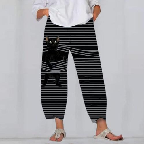 Women Casual Harem Pants Wide Leg Trousers Summer Elastic Waist Plus Size Loose Comfortable Trousers Stripe Printing Fashion