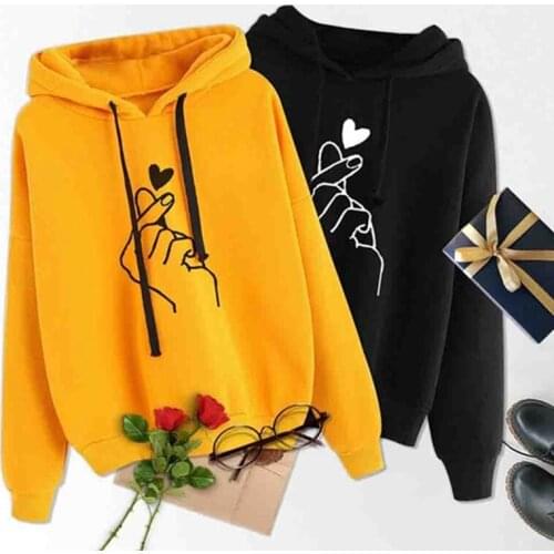 Women Kpop Fashion Sweatshirts Casual Finger Heart Print Woman Oversized Hoodies Harakuju Plus Size Female Pullovers Streetwear