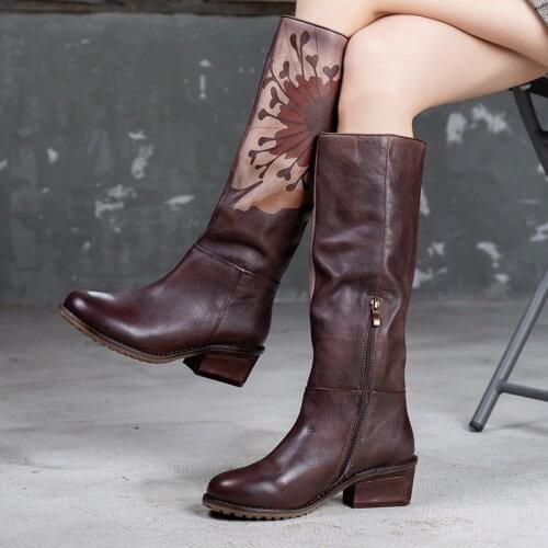 Autumn and Winter Retro 2019 New Retro Genuine Leather Womens Boots Coarse-heel High Boots Handmade Knee-high Boots