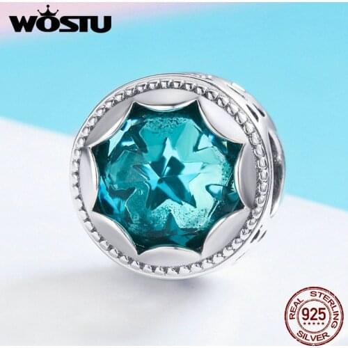 WOSTU 100% 925 Sterling Silver Radiant Stars , Blue Crystal Charms Beads Fit Charm Bracelet For Women DIY Jewelry Gift FIC692