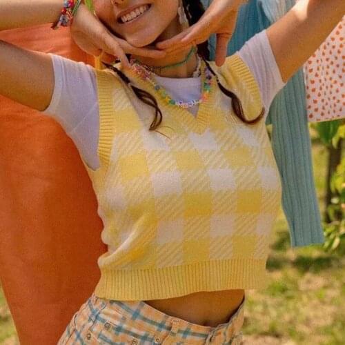 Foridol Plaid Knitted Yellow Sleeveless Sweater Vest Female Slim Fit Checkered Vintage Cropped Waistcoat V Neck Autumn Short Top