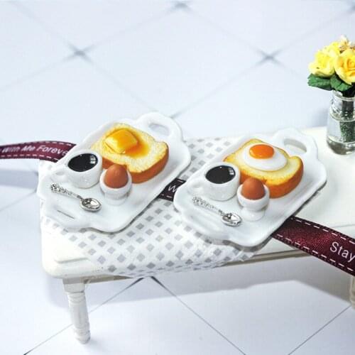 1:12 Dollhouse Miniature Breakfast Set Hamburger Croissant Toast Egg Coffee with Tray Kitchen Food Accessories