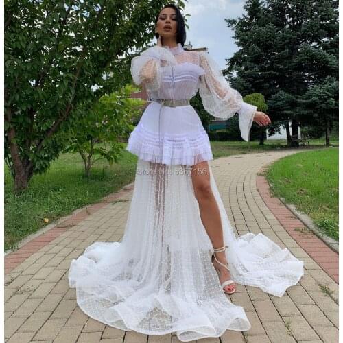 White Evening Dresses High Neck Long Sleeves High Slit Party Prom Dress Abendkleider Evening Gowns Robe De Soiree