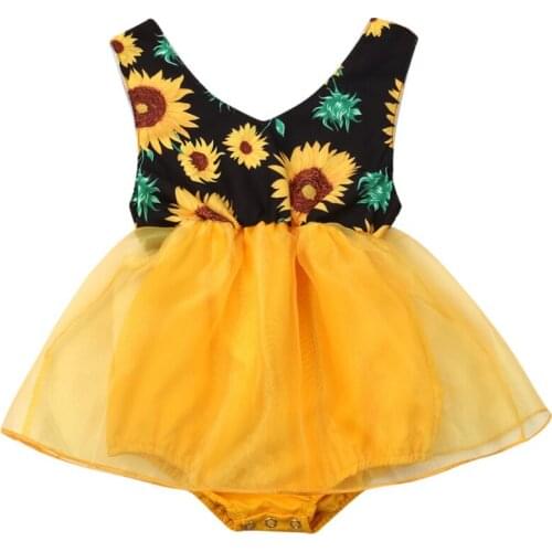Lovely Newborn Baby Girl Sleeveless V-neck Sunflower Tutu Skirted Bodysuit Jumpsuit Outfits Summer Clothes