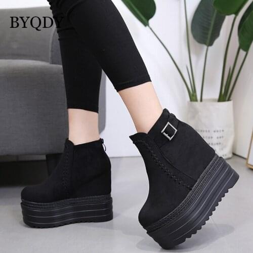 BYQDY High Platform Woman Boots 12.5cm Ultra High Heels Boots Winter Shoes For Woman Sewing Metal Buckle Round Toe Wedges Boots