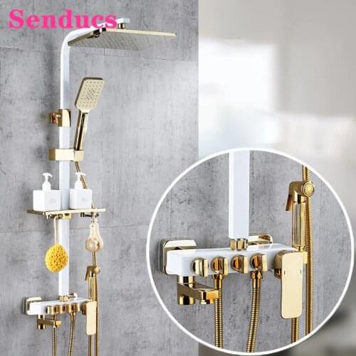 Senducs Bathroom Shower System Four Function Thermostatic Shower Set Quality Brass Bathtub Mixer Tap White Gold Shower Sets