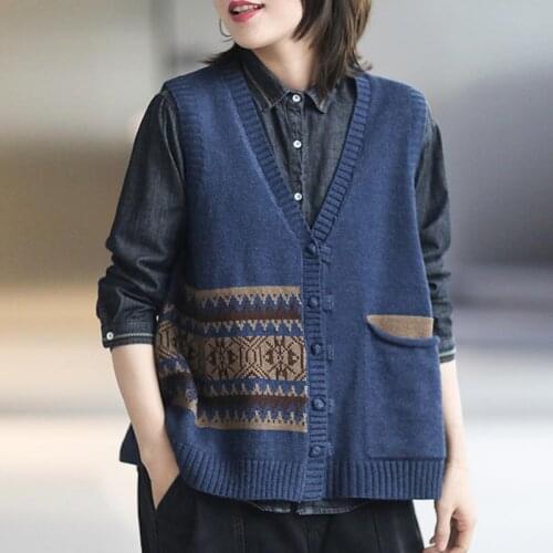 FairyNatural Ladies Retro Print Floral Vests Button V-Neck Pockets 2021 Spring Korean Style Women Sleeveless Sweaters