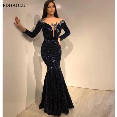 FDHAOLU FU119 Mermaid Evening Dress Long Sleeve Navy Blue Sequin Formal Dress Party Gown robe de soiree Mermaid Prom Gowns
