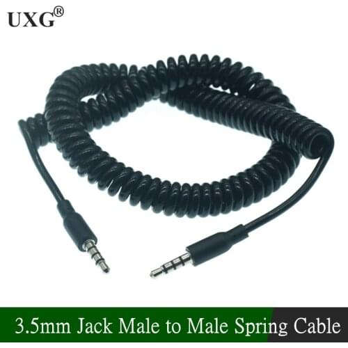 Male To Male Earphones Jack Audio Cable Black 3/10TF 4-Pole Spring Coiled 3.5mm Aux Cable W/ Mic Audio Auxiliary Cord 0.6M 2M