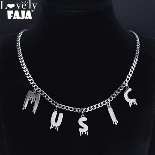 Hip Hop Stainless Steel Music Letter Choker Necklace for Women/Men Silver Color Chain Necklaces Jewelry collier N3124S03