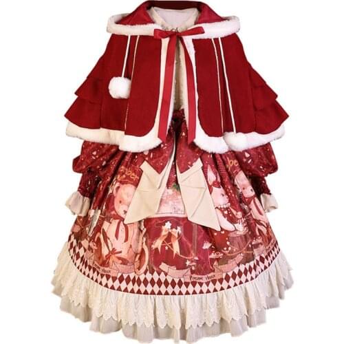 Christmas Girl Sweet Gift House Long Sleeve Op Dress Cloak Two-piece Cute Lolita Winter Sweet Skirt Suit