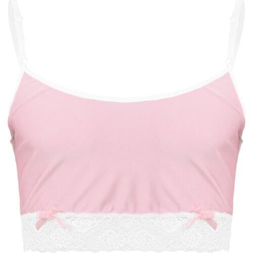 Sexy Men Bra Crossdressing Sissy Male Silky Lingerie Exotic Tanks Crop Top Spaghetti Straps Lace Hemline Camisole Vest Underwear