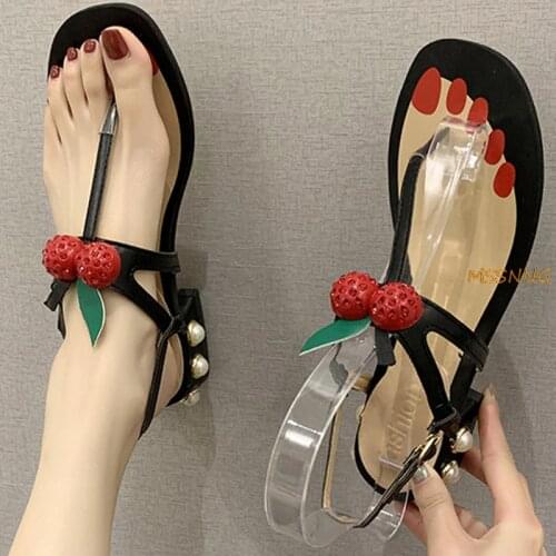 2020 Summer New Womens Sandals Pearl Cherry Clip Toe Flat Sandals Women Ankle Buckle Band Beach square heel Ladies Shoes