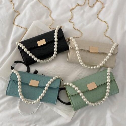 Vintage Women Pure Color Alligator Pattern PU Leather Shoulder Crossbody Messenger Bag Casual Ladies Chain Small Pearl Handbags