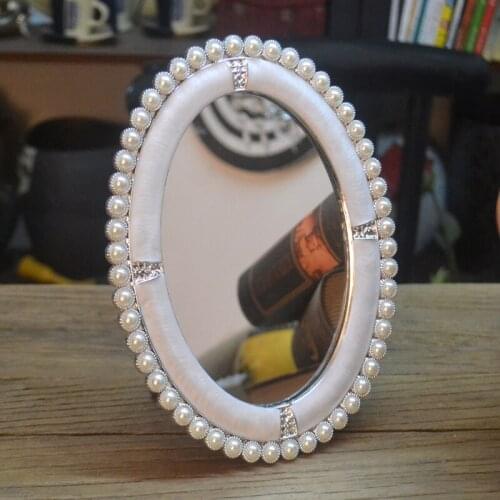 Mirror Nordic style Light Luxury Single - Sided Silver Comb Makeup Metal Princess Mirrors Home Decorative Pearl Oval Creative