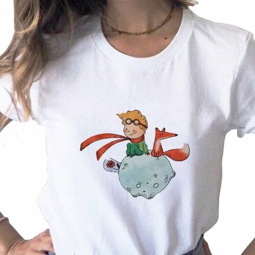 Little Prince print ladies T-shirt ladies casual basis O-collar white shirt short sleeve ladies T-shirt,Drop Ship