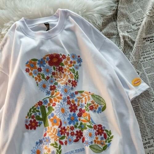 S-5XL Plus Size Women Cotton Oversized T-shirts Couple Harajuku O-Neck Loose Tees Embroidered Plant Bear Half Sleeve Shirt Tops