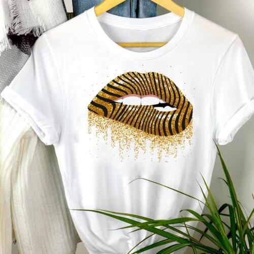 Women Clothes Lip Trend Striped Kawaii Summer Leopard Fashion Short Sleeve Summer Print Tshirt Female Tee Top Graphic T-shirt
