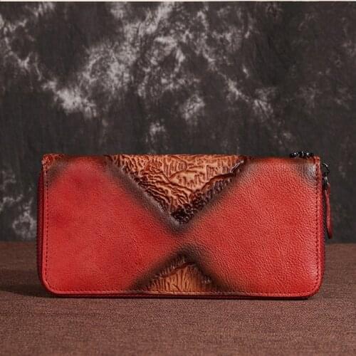 Women Zipper Bag Genuine Leather Long Purse Female Wrist Clutch Bags Vintage Multi-Pockets ID/Credit Card Handy Embossing Wallet