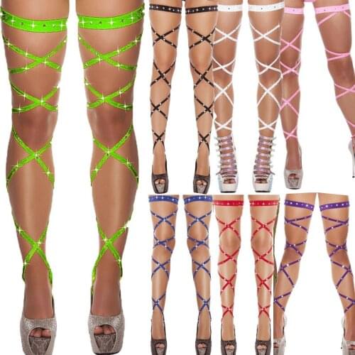 Women Thigh-High Rhinestone Crystal Shinny Leg Wraps Stocking Lingerie Bandage Fishnet Sexy Bling Stockings Long Pantyhose