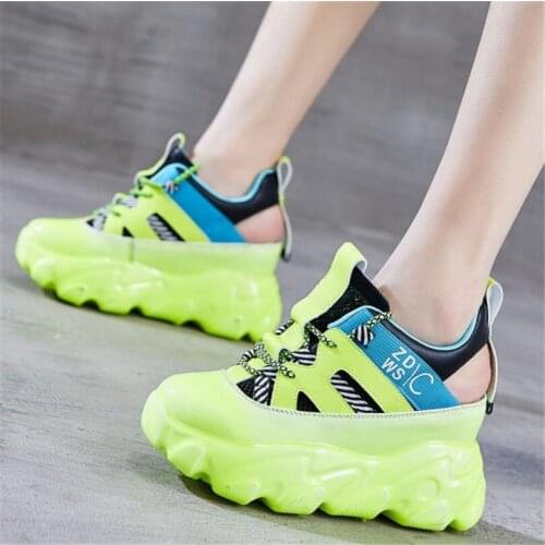 Women Cow Leather Platform Wedge Fashion Sneakers High Heels Breathable Sandals Lace Up Summer Boots Punk Creepers