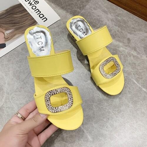 Women New Summer Rhinestone Sandals Slippers Ladies Hot Beach Hollow Out High Heels Female Open Toe Hoof Heels Sexy Slides