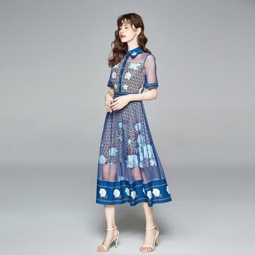 Trend Style Women Elegant Patchwork Cartoon Printed High Waist Mesh Lace Long Dress Female Short Sleeve Dot Cute Dress k181