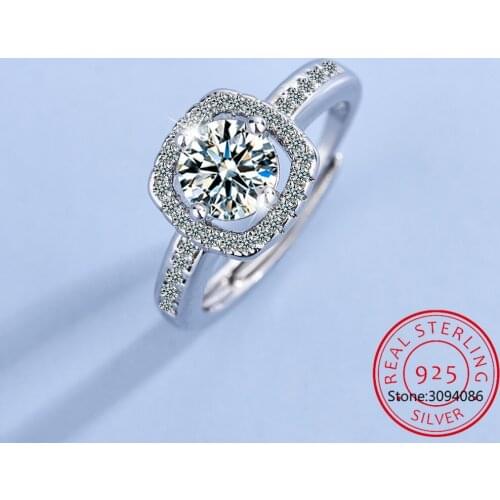 2021 Real 925 Sterling Silver Simple Square Clear CZ Charm Finger Ring Bague anillos For Women Wedding Engagement Jewelry