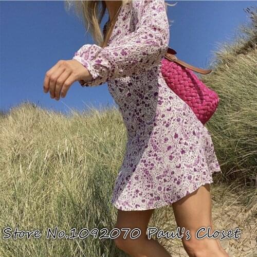 Women Bell Sleeves Deep V-neck Silk Kate Dress Mystic Cream With Purple Floral Print Mini Dress