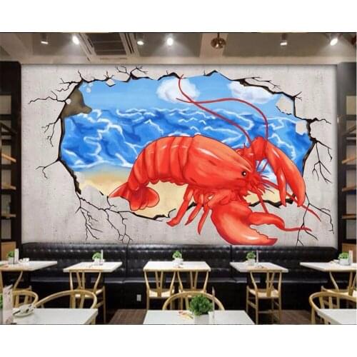 Beibehang Large custom wallpaper hand-painted lobster broken wall into the hot pot restaurant TV background living room wall hom