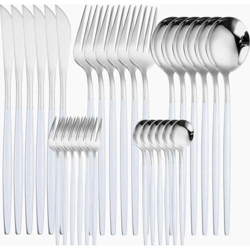 White Silver Cutlery Set Stainless Steel Kitchen Tableware Western Forks Knives Spoons Sets Flatware Dinnerware Set Dropshopping