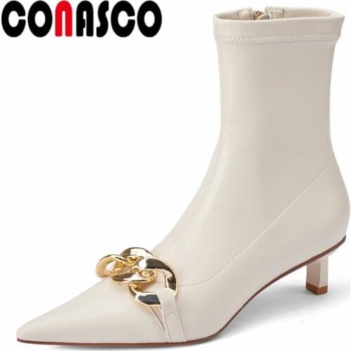 CONASCO Sexy Women Ankle Boots Autumn Winter Warm Causal Prom Concise Sweet Metal Decoration Shoes Woman