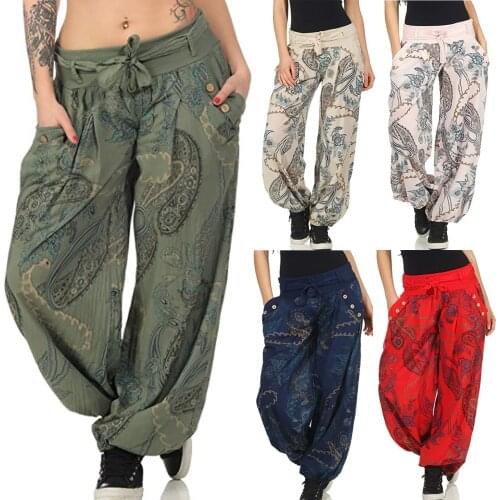 Boho Pants With Pocket Women Casual Vintage Printed Harem Pants Wide Leg Pants Loose Pocket Button Harem Pant Comfy Drawstring