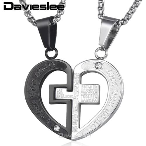 Davieslee Womens Mens Couple Pendant CZ Puzzle Heart Lover Gifts Stainless Steel Pendants Necklaces Wholesale Jewelry LKP631