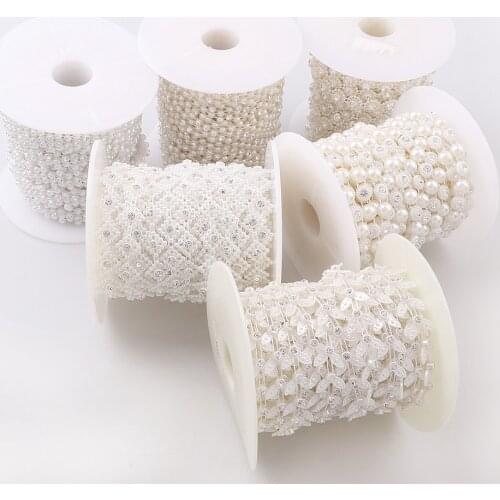 8-16mm 1 Roll ABS Flatback Pearl With Clear Rhinestone Chain Bridal Beaded Appliques Trim Garment Pearl Chain For Wedding Crafts