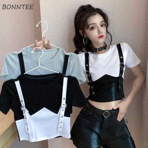 Short Sleeve T-shirts Women Crop Top Fashion Patchwork Summer New BF Fake Two Pieces Design Slim All-match Trendy Casual Ladies