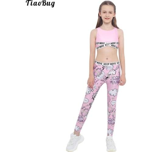 TiaoBug Summer 2Pcs Kids Girls Sport Suit Round Neck Sleeveless Letters Print Crop Top Cartoon Graffiti Print Pants Trousers Set