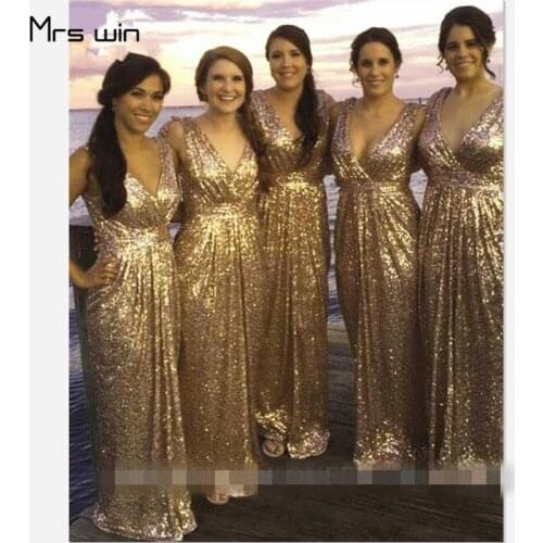 Mrs win Bridesmaid Dresses Elegant Gold Sequins Wedding Guest Dress Long Sheath V-neck Plus Size Vestido Madrinha 2020 HR105