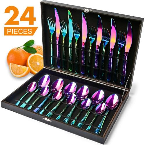 24 PCS Cutlery Stainless Steel Tableware Non-fading Flatware Set Dinnerware Set Rainbow Colorful Hotel Party Kitchen Gift Box