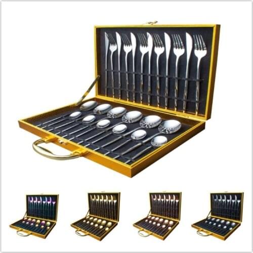 24PCS Golden Dinnerware Set Western Stainless Cutlery Set Knife Fork Spoon Dining Box Gift Dessert Flatware Set Home Kitchen
