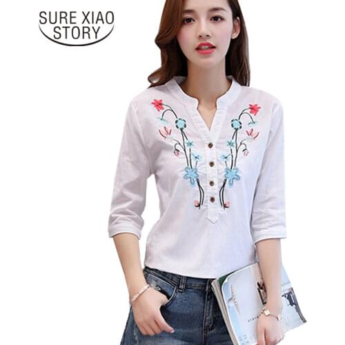 New Cotton Linen V-Neck Women Blouse Shirt Summer Half Sleeved Fashion White OL Blouse V-neck Casual Women Tops Blusas D377 30