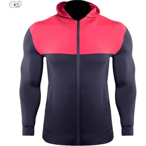 2018 New Patchwork Rashgard Hooded Sports Hoodies Men Long Sleeve Zipper Running Hooded Sweatshirt Elastic Fitness Singlets Tops