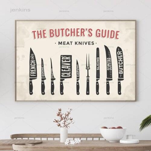 Meat Knives The Butchers Guide Poster Prints Butcher Shop Wall Art Decor Butcher Diagram Kitchen Wall Picture Canvas Painting