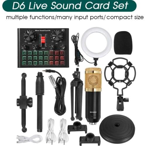 Professional BM800 Condenser Microphone D6 Mixer Sound Card Set Game Live Broadcast USB Recording Computer Phone BT Tripod Stand