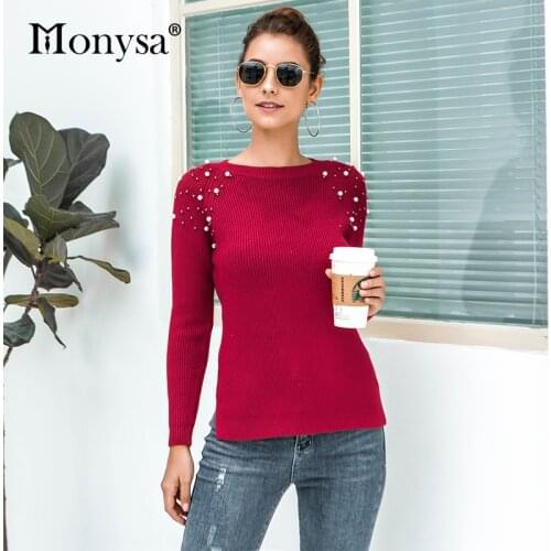 Pullover Beading Sweater 2019 Autumn Winter Long Sleeve Knitted Sweaters Ladies Casual Red Christmas Sweater Black White