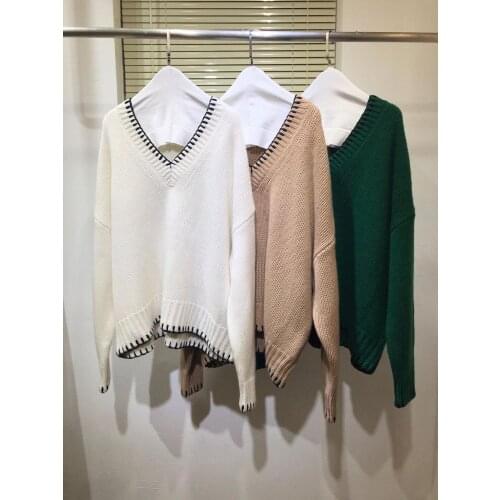 Women Cashmere Pullovers Runway Sweater 2020 Autumn Fashion V-Neck Color Patchwork Loose Sweaters Thin Knit Tops Ladies Jumper