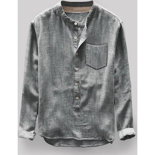 New Mens Casual Blouse Cotton Linen Shirt Loose Tops Long Sleeve Shirt Summer Autumn Casual Stand Collar Men Shirt Camisas