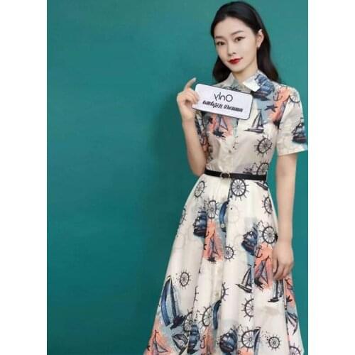 S-XL High Quality 2021 New Sailing Sailing Print Short Sleeve Slim Belt Single Breasted Vacation Casual Woman Dress