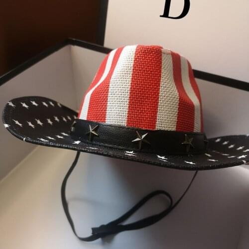 HT255 Men Straw Classic American Flag Cowboy Hat Wide Brim USA Cowgirl Summer Stars Cap Dropshipping
